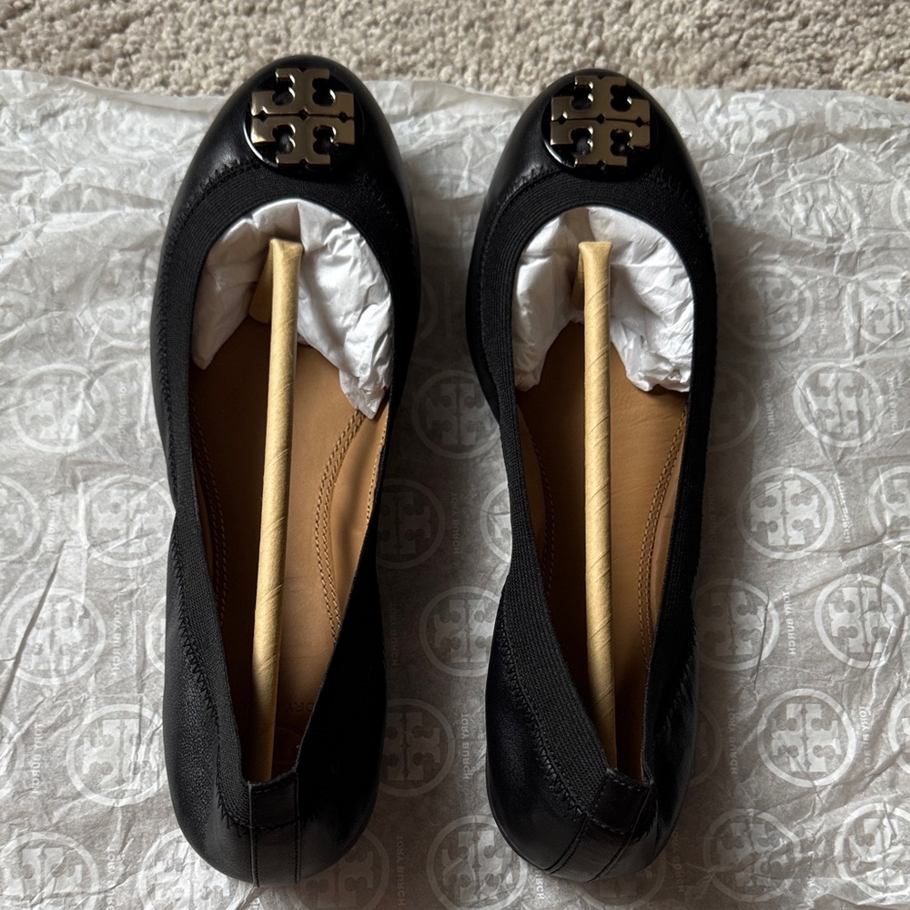 Tory Burch Black Ballet Flats with Gold Logo